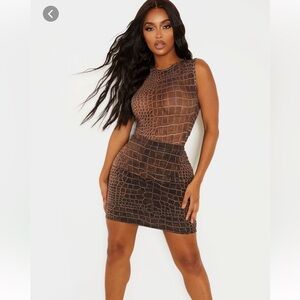 Brown and black crocodile print mesh bodysuit & skirt set .